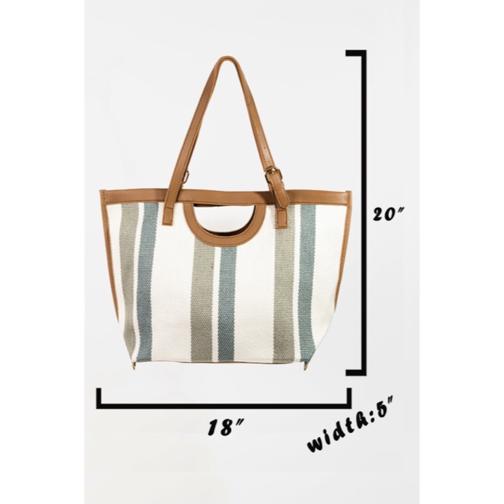 SOLD OUT Green Striped Faux Leather Trim Tote Bag - Picture 3 of 4